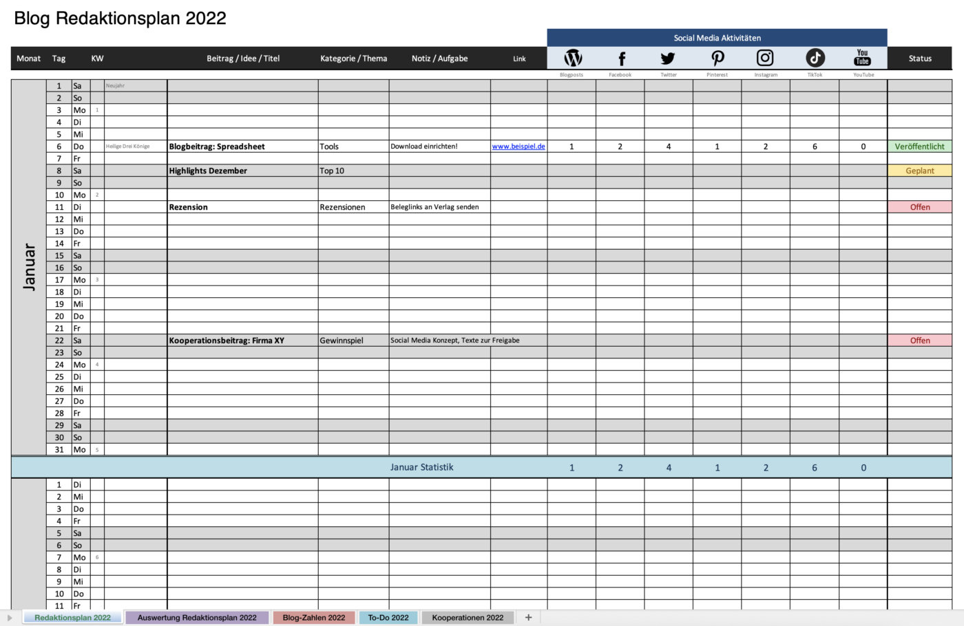Blogplaner 2022 Redaktionsplaner Kalender
